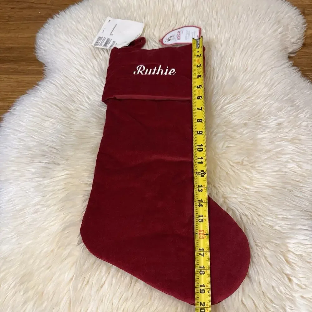 New Pottery Barn Kids Red Velvet Christmas Stocking White Embroidered “Ruthie”